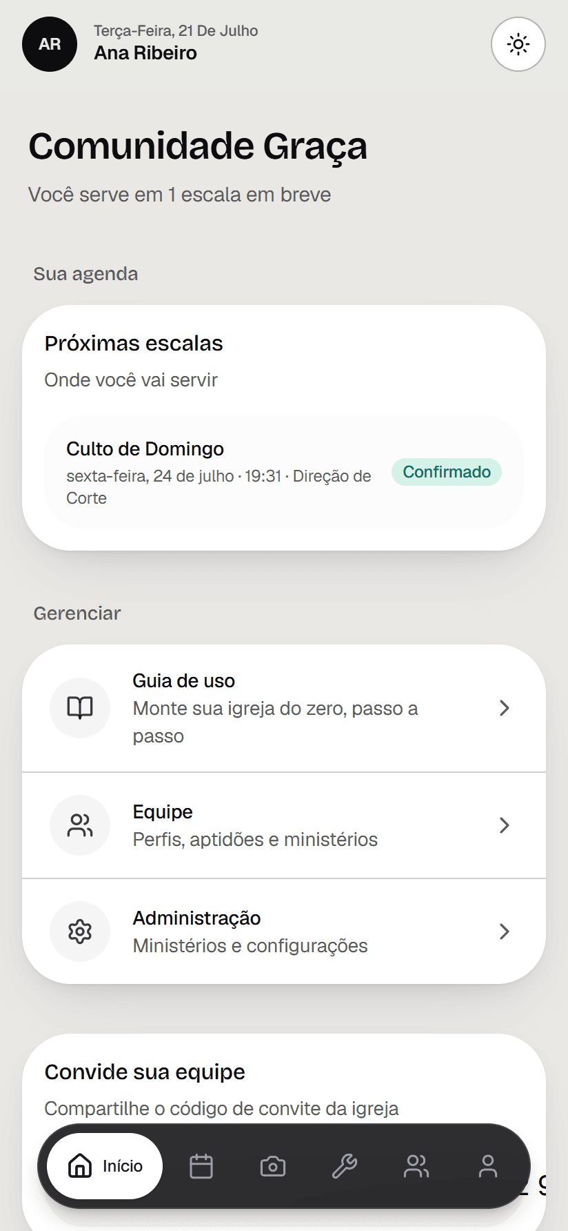 Tela inicial com as próximas escalas